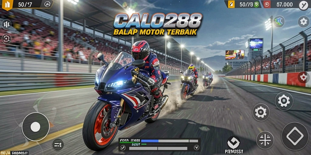 Tampilan gameplay mendebarkan dari CALO288 dengan motor balap yang cepat.