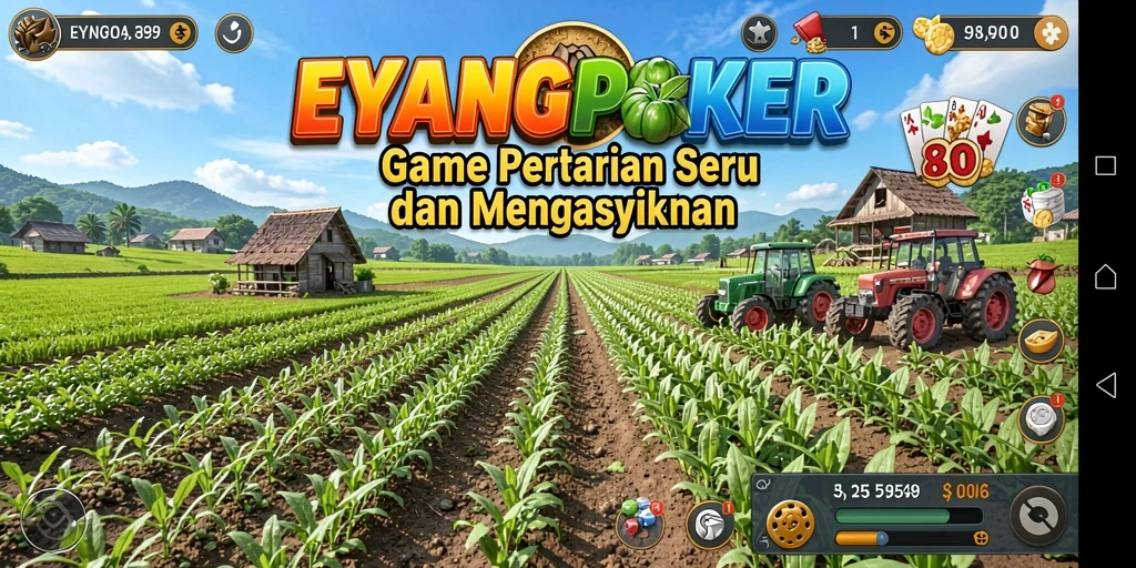 Tampilan gameplay EYANGPOKER dengan lahan pertanian yang subur dan tanaman yang beragam.